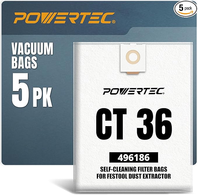 POWERTEC 496186 Self-Clean Filter Bag for Festool CT36, CT36E Dust Extractor, 5PK, Replacement Vacuum Bags, Filter Bags for Festool (75038)