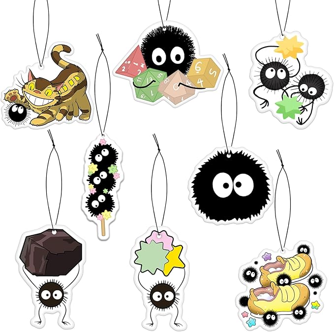 Pounchi Soot Sprite Car Air Freshener Cards (8 Pack Refreshing Ice Scent) Cute Anime Accessories for Car Interior Hanging Gift Rearview Pendant Supplies