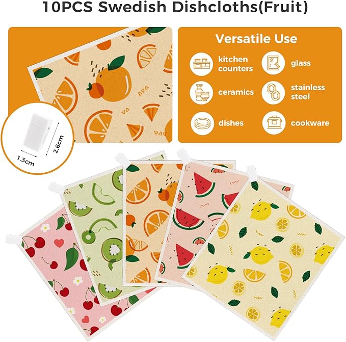 10PCS Swedish Dishcloths for Kitchen, Reusable Paper Towels Washable, Dish Rags for Washing Dishes with Clips, Non-Scratch Kitchen Towels and Dishcloths Sets, Dish Cloths, No Odor(Fruit)