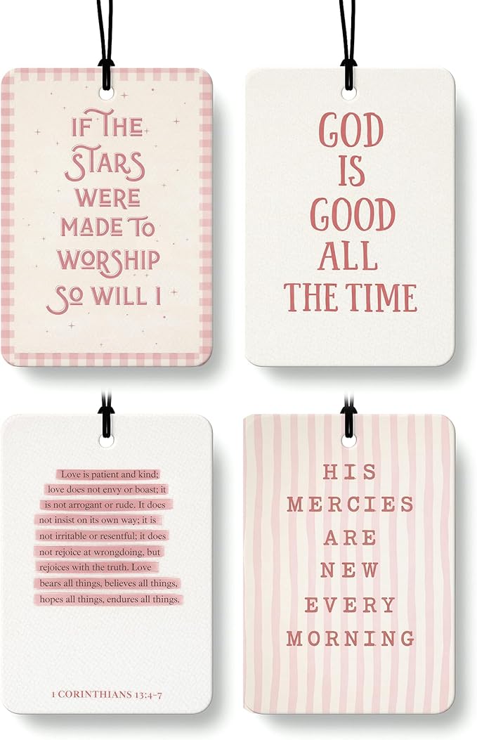 Pink Christian Air Freshener 4 Pcs, Religious Faith Based Bible Verse Hanging Air Freshener for Cars Closet Drawer Books, Girly Christian Car Accessories Mirror Decor for Women