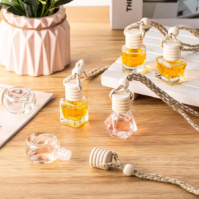 Zubebe 250 Pcs Hanging Car Diffuser Bottles Bulk, 5 Styles Empty Glass Refillable Air Freshener Bottles with Wooden Cap for Perfume Essential Oils Fragrance Aromatherapy Ornament, 8ml 10ml