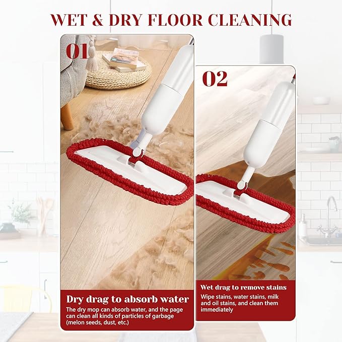 Spray Mop for Floor Cleaning, Wet Dry Microfiber Mop with 4 Washable Pads 650 ml Refillable Bottle and 1 Scraper for Home Kitchen Hardwood Laminate Wood Vinyl Ceramic Tiles Wooden Floor