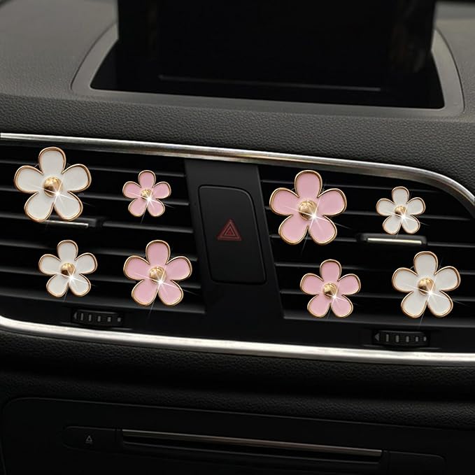Daisy Air Vent Clips, 4 Pcs Cute Flower Car Air Conditioning Outlet Clip Car Air Freshener Clip Charm Car Inter Decor Accessories for Women (Pink)