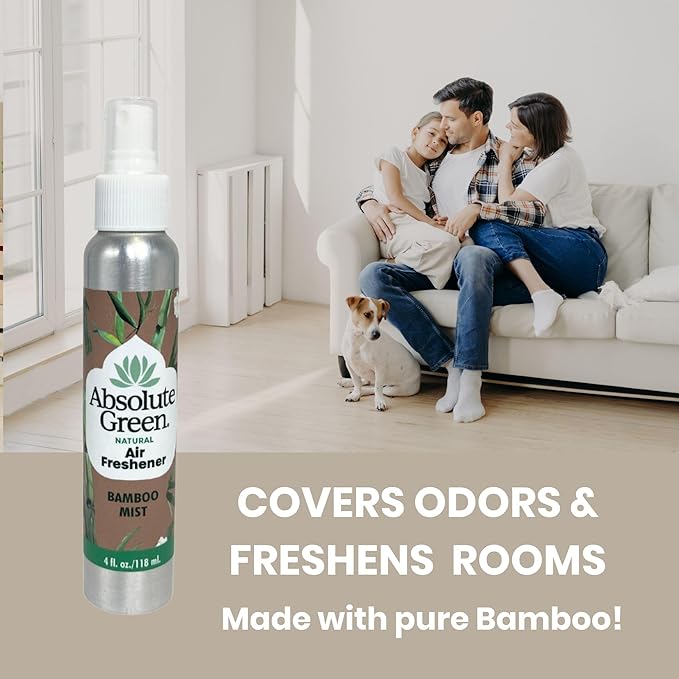 Absolute Green Air Freshener Room Spray, Non-Toxic, Cover Odors, Safe around Kids + Pets, Natural Bamboo Mist Scent 4oz (2 Pack)