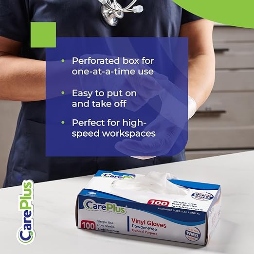 CARE PLUS Latex-Free Vinyl Gloves Clear Small Size 100 Count | Heavy Duty, Non-Sterile, Powder-Free, Rubber | Food Prep, Kitchen & Cleaning Gloves, Ideal for Professional Use