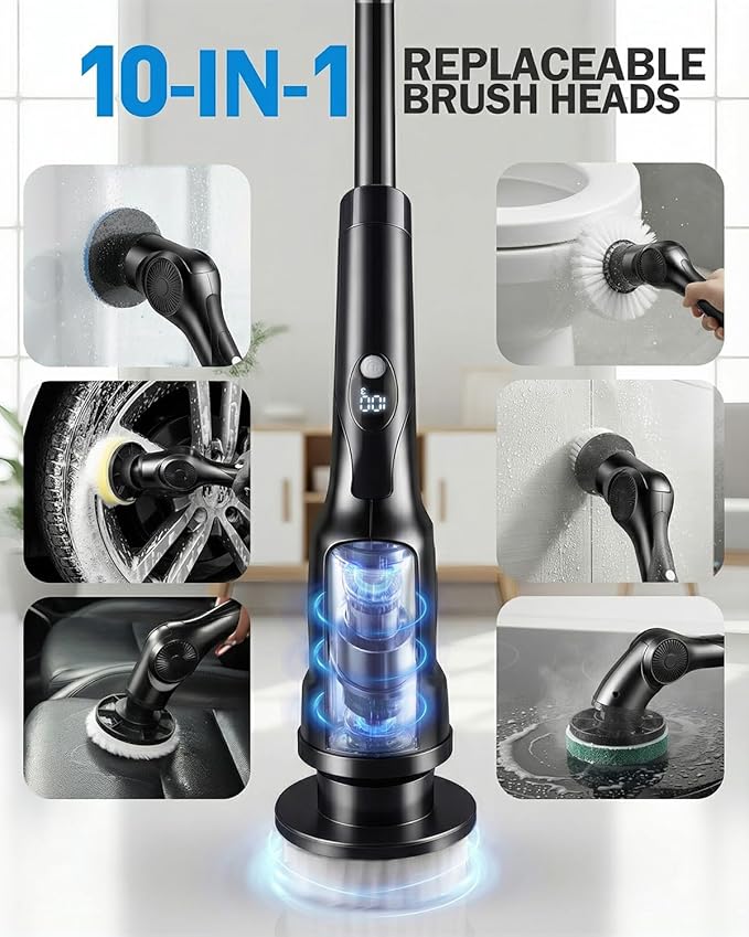 Electric Spin Scrubber, 3-Speed Cordless Shower Scrubber with 90° Adjustable & 10 Replaceable Brush Heads, 90 Mins Runtime & Full-Body IPX7 Waterproof Shower Cleaner Brush with Long Handle