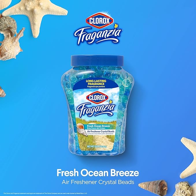 Clorox Fraganzia Crystal Beads Air Freshener, Long Lasting Room Deodorizer and Odor Eliminator Gel Beads to Freshen Home, Car, or Office, Fresh Ocean Breeze Scent, 12 Fl Oz - 2 Pack