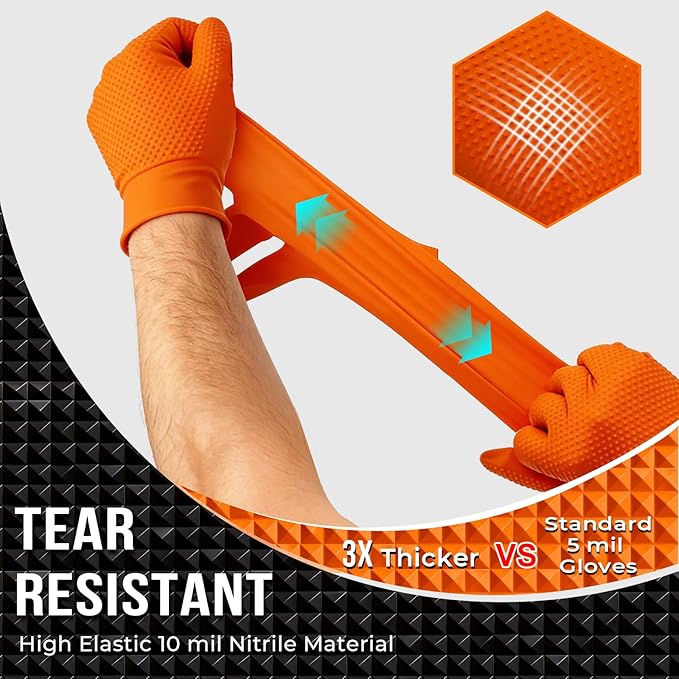 Heavy Duty 10 Mil Nitrile Disposable Gloves with Raised Diamond Texture, Latex-Free, Powder-Free, Extra Strong, Chemical Resistant, Durable for Mechanics, Industrial Work, Auto Repair, Large