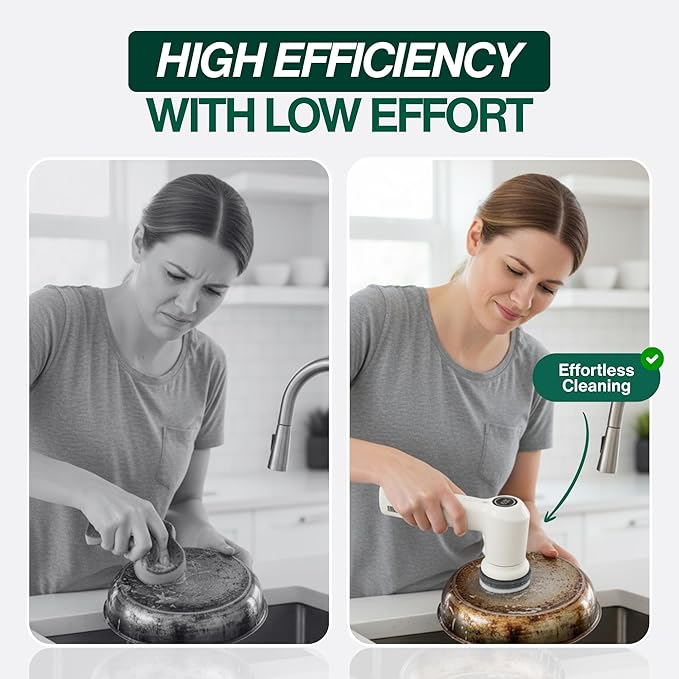Electric Spin Scrubber – Handheld & Ergonomic, IPX7 Waterproof, 4 Multi-Purpose Brush Heads, Long-Lasting Rechargeable Battery – Cleans Dishes, Bathroom, Tile, Grout & Kitchen (White)