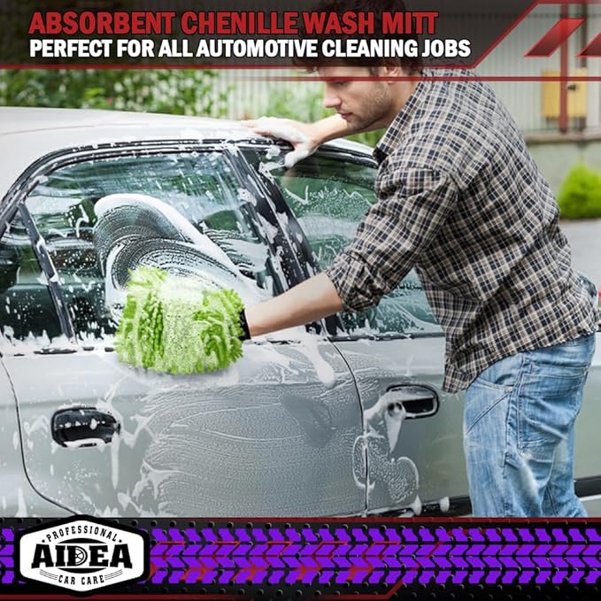 AIDEA Car Wash Mitt Microfiber, 4PK Scratch Free Lint-Free, Premium Chenille Microfiber Mitt Car Wash Brush, Green, Extra Large Size 8''X12''