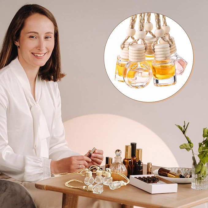 Zubebe 250 Pcs Hanging Car Diffuser Bottles Bulk, 5 Styles Empty Glass Refillable Air Freshener Bottles with Wooden Cap for Perfume Essential Oils Fragrance Aromatherapy Ornament, 8ml 10ml