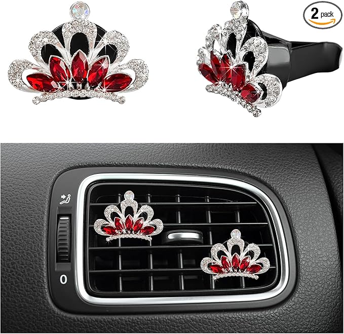 2 PCS Bling Car Air Vent Clips, Crystal Rhinestone Crown Vent Decorative Air Freshener Clips, Sparkly Diamond A/C Outlet Aroma Diffuser Clip for Vehicles, Car Accessories (Red)
