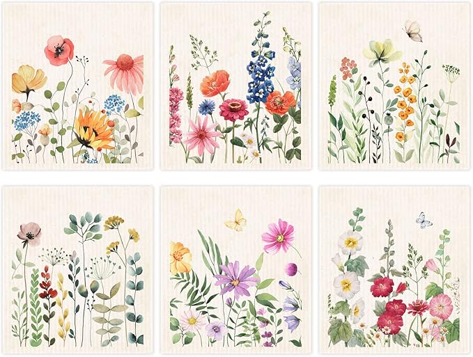 Morigins Wildflowers Butterflies Swedish Kitchen Dishcloths Reusable Sponge Cleaning Cloths Absorbent Dish Cloth Quick Drying Washable Cleaning Wipes 6pcs