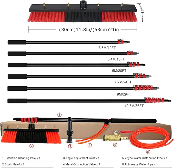 Water Fed Pole Kit Outdoor Window Cleaner Glass Solar Panel Cleaning Tools, Window Washing Kit with 3.6 to 12 M Telescoping Extension Pole (55cm Brush 39FT/12M)