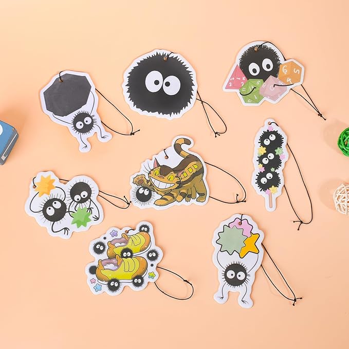 Pounchi Soot Sprite Car Air Freshener Cards (8 Pack Refreshing Ice Scent) Cute Anime Accessories for Car Interior Hanging Gift Rearview Pendant Supplies