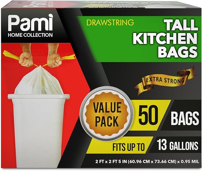 PAMI Extra-Strong 13 Gallon Unscented Tall Kitchen Garbage Bags with Drawstring, for Indoor & Outdoor Use (White - 50 Pack 1 Count (Pack of 1))