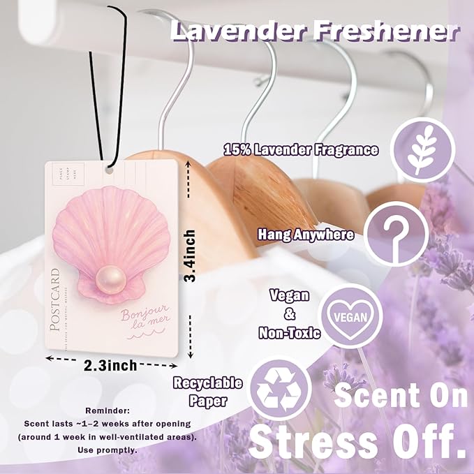Pink Coastal Seashell Car Air Freshener Accessories 3pcs, Preppy Meet Me at The Beach Hanging Air Fresheners Decor for Girly Beachy Room Closet, Trendy Scent Lavender Fragrance Card for Women