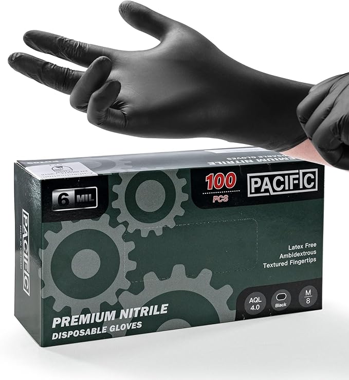 PACIFIC PPE 6-mil Heavy Duty Black Nitrile Gloves, Chemical Resistant, Food Safe, Latex Free Disposable Gloves for Mechanic, Cooking, and Cleaning, 100PCs, Medium