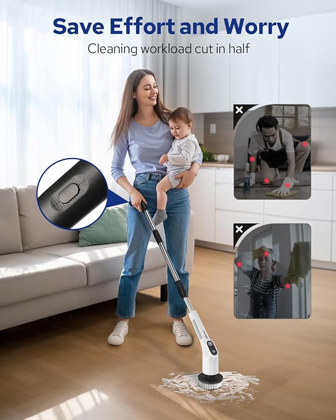 Benlari Electric Spin Scrubber- 2025 Upgraded Dual Switch Power Shower Scrubber for Tile Tub Glass Wall Floor Car - Cordless Cleaning Brush for Bathroom Kitchen Bedroom Toilet (White)