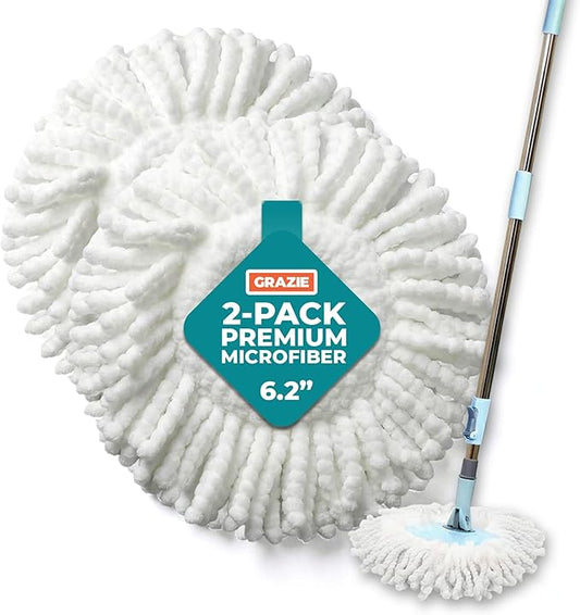 Grazie Spin Mop Head Replacements – Premium Microfiber Mop Refills – Ultra-Absorbent, Washable Heads – Compatible with Most Spin Mop Systems – Ideal for Tile, Hardwood & Laminate Floors – 2-Pack