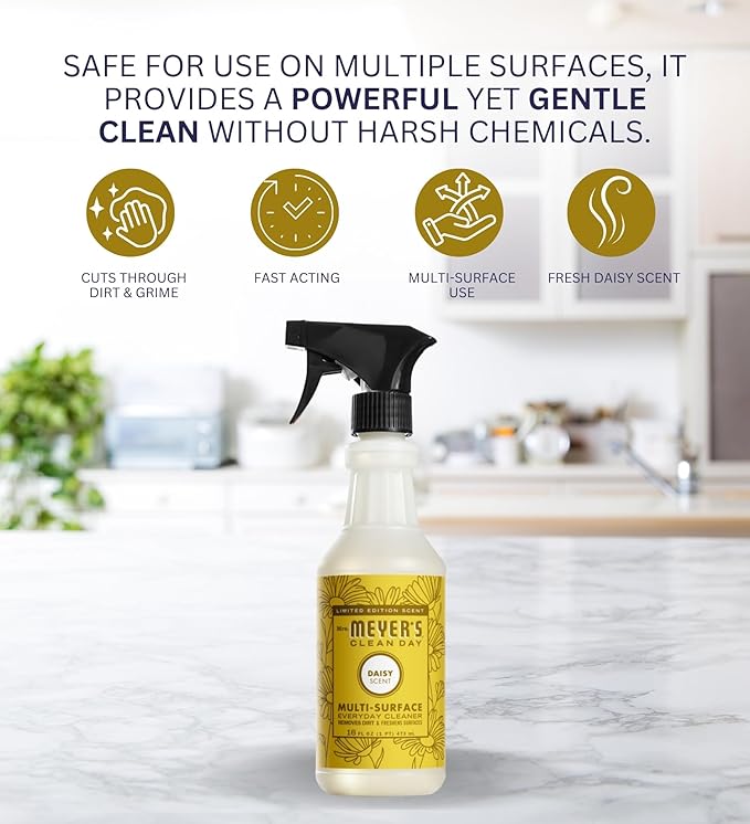 Clean Day Daisy Scent Multi-Surface Cleaner Spray 16 oz Bundle with Microfiber Cloth - Plant-Derived Formula - Versatile Cleaner for Wood, Tile, Stone, & More Surfaces - (3 Items)
