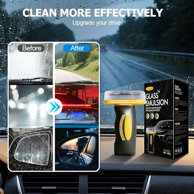 Handheld Glass Oil-Film Remover, Automotive Windshield Cleaner with Emulsion Compound, Oil Film & Smudge Removal Cleaning Pad for Clear Driving View (1PC)