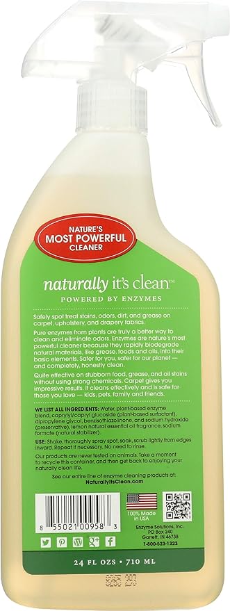 Naturally It's Clean Carpet Stains & Odors Cleaner; Plant Based Enzymes Destroy Set In Stains, Breaks Down Stubborn Food&Pet Stains, Grease & Ink on Rugs/Upholstery/Drapery; Pet&Child Safe, 24oz Spray