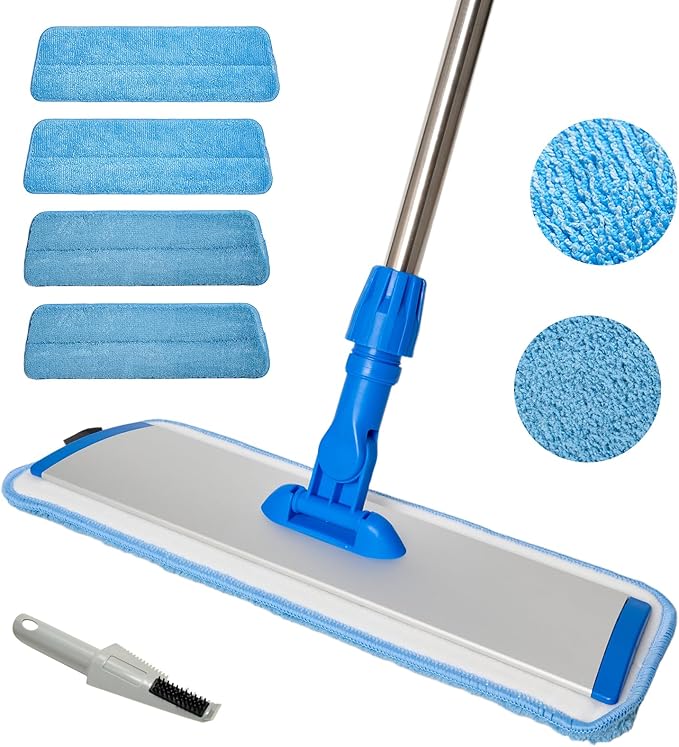 17.5'' Microfiber Mop for Floor Cleaning-Blue Flat Floor Mop with 58'' Stainless Steel Handle- 4 Reusable Washable Replacement Pads-Wet & Dry Use for Hardwood Tile Laminate-Home Kitchen Bathroom