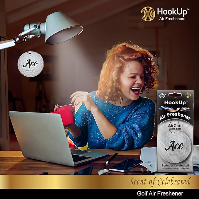 Golf Car Air Freshener by HookUp - 4 Pack - Black Gold Scent (Extra Strong) | Unique Golf Gift for Players, Coach, Fans | Hanging Car Accessory with Long Lasting Fresheners Smell