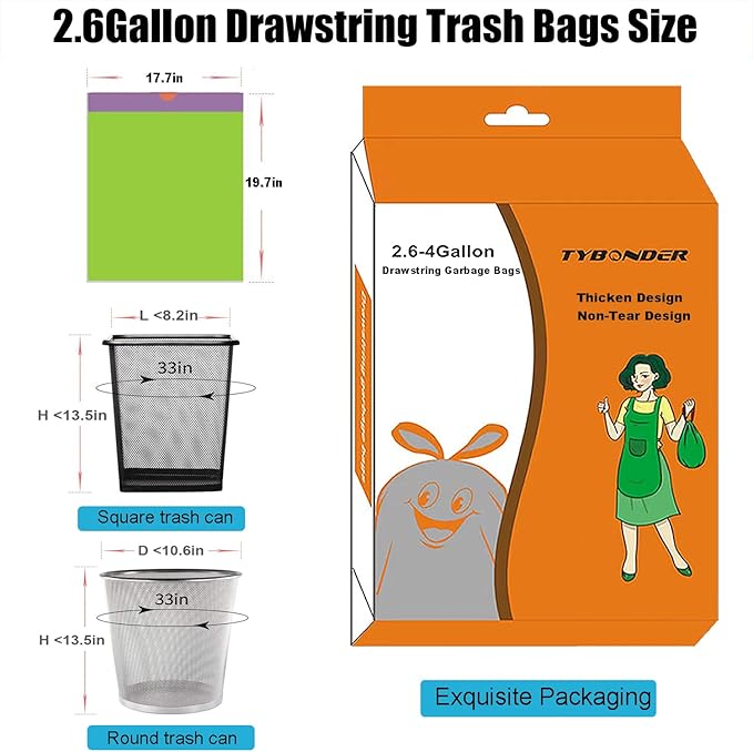 Small Trash Bags 2.6-6 Gallon Thicken Drawstring Trash Bags 4 Gallon Extra Strong Small Garbage Bags Unscented Wastebasket Liners Bags for Kitchen,Bathroom,Office,Home Trash Can 5 Color(80Counts)