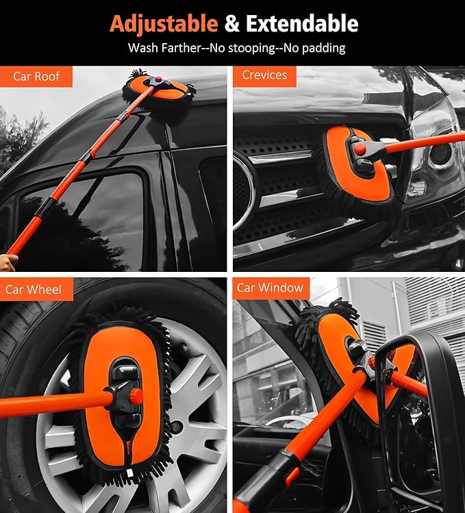 YeewayVeh 55" Car Wash Brush Mop with Long Handle, 15 Degree Curved Extendable Car Wash Brush with Extra Microfiber Mop Head, Soft Car Washing Brushes with Storage Bag for Truck SUV Cleaning, Orange