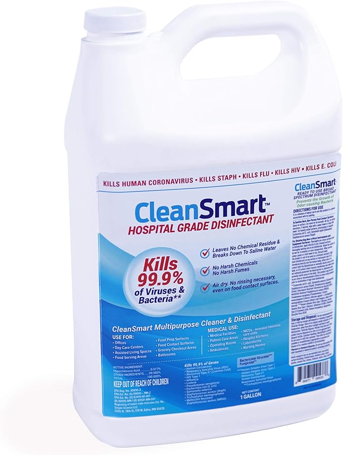 CleanSmart Hospital Disinfectant, Kills 99.9% of Viruses and Bacteria, Hypochlorous Acid Technology, EPA Registered, 1 Gallon (HOCL)