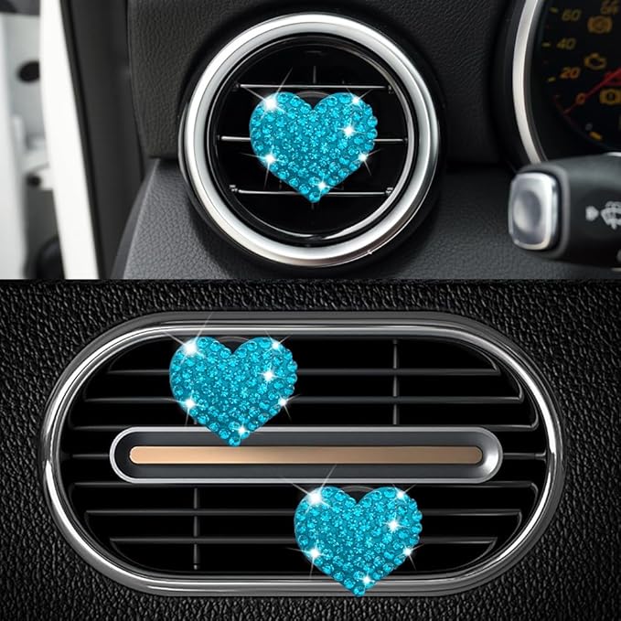 4PCS Heart-Shaped Car Vent Clip with Rhinestone, Vent Clip Car Accessories, Sparkly Rhinestone Bling Diamond Freshener Holder, Air Conditioning Outlet Ornament for Women Girls (Blue, Style1)