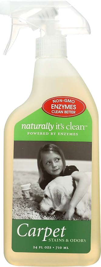 Naturally It's Clean Carpet Stains & Odors Cleaner; Plant Based Enzymes Destroy Set In Stains, Breaks Down Stubborn Food&Pet Stains, Grease & Ink on Rugs/Upholstery/Drapery; Pet&Child Safe, 24oz Spray