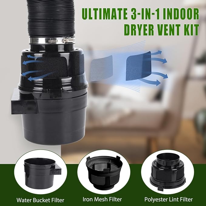 Upgraded Version - VIWINVELA 3 IN 1 Indoor Dryer Vent Kit with Lint Trap Dryer Lint Catcher Water Filter Bucket for Electric Dryer (Black Dryer Vent Bucket without Hose)