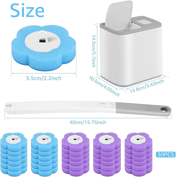 Disposable Toilet Cleaning Brush and Holder Set, 30 Refills, Disposable Toilet Brush, Non Woven Fabric and Sponge Bristles, Plastic Material, Purple