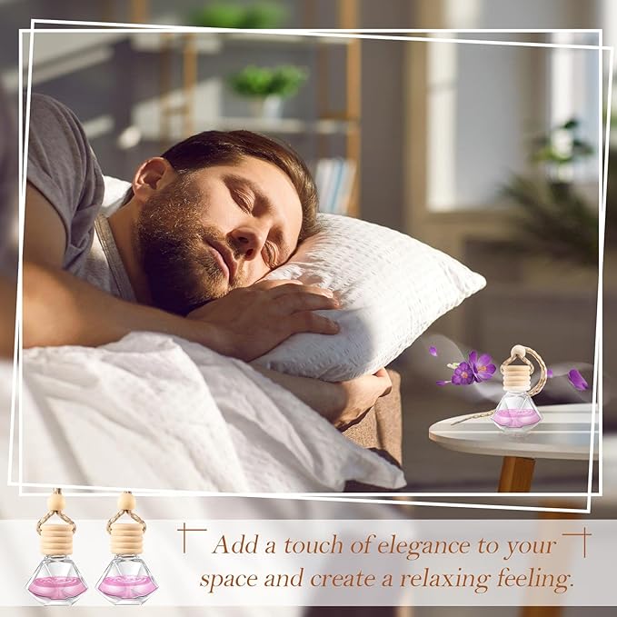 Rtteri 100 Pcs Hanging Car Air Freshener Diffuser Bottles Empty Glass Perfume Diffuser Vials Refillable Oil Aromatherapy Pendant with Wooden Caps and Hanging String for Car Home Office Decor(Diamond)