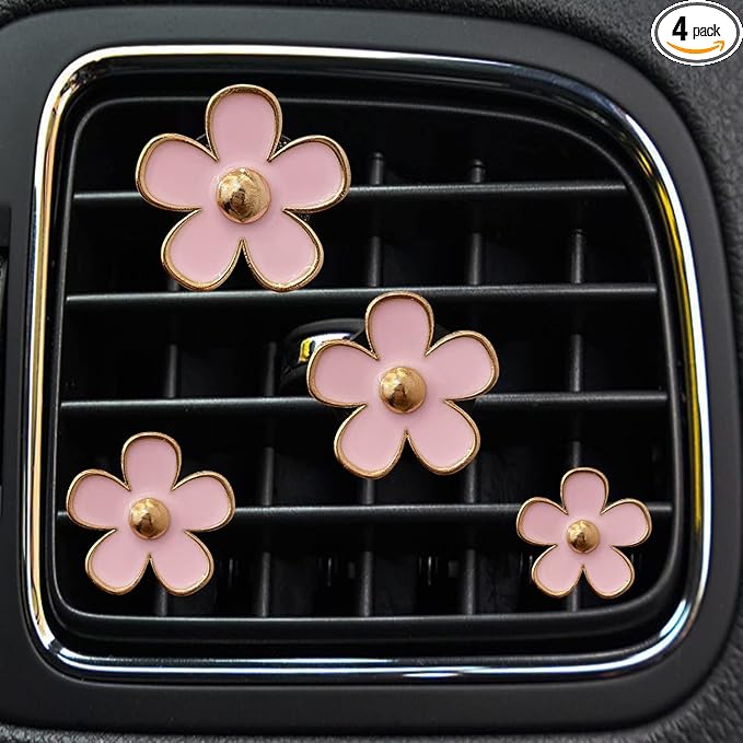 Daisy Air Vent Clips, 4 Pcs Cute Flower Car Air Conditioning Outlet Clip Car Air Freshener Clip Charm Car Inter Decor Accessories for Women (Pink)