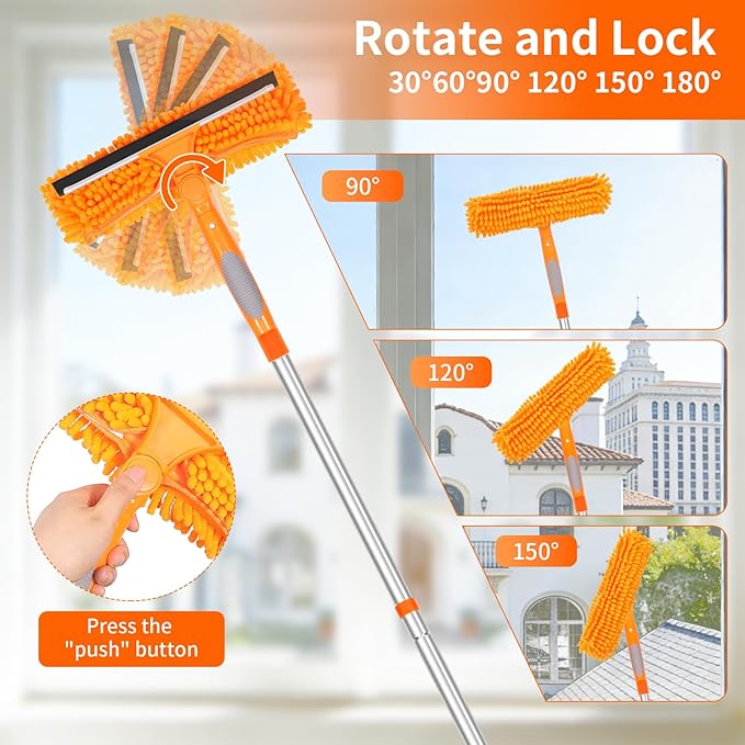 152’’/ 109" Squeegee Window Cleaner, 2 in 1 Rotatable Window Cleaning Tool Kit, Window Washing Kit with Extension Pole for Indoor Outdoor High Window, Car, Glass