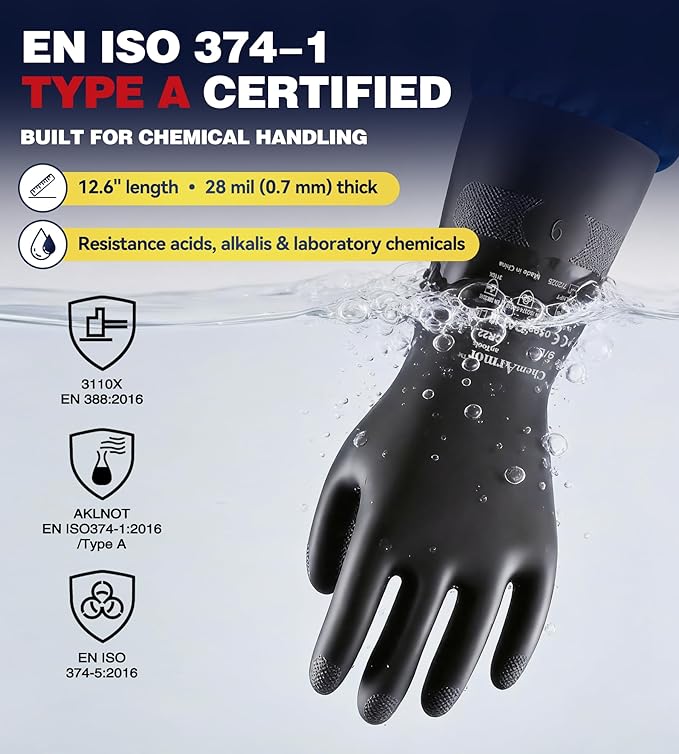 Heavy Duty Rubber Safety Work Gloves, Chemical Resistant Latex Gloves for Cleaning, Acid & Alkali Protection, Hazmat Use, Black, X-Large