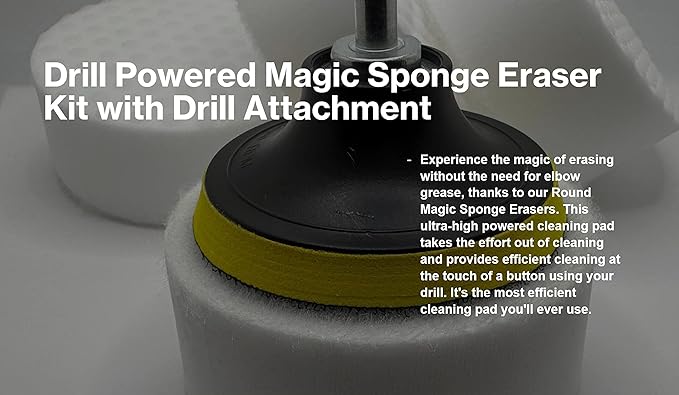 3.5” Drill Powered Magic Sponge Eraser 6 Pieces Kit with Drill Attachment | 25% Thicker Ultra Durable Melamine Cleaning Eraser Pads for Bathroom Kitchen Floors Walls Baseboards Crayon Marker and More