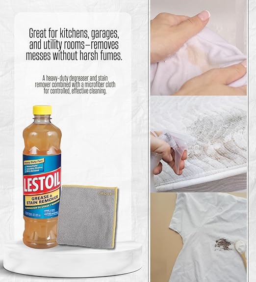 2x Lestoil No Scent Grease and Stain Remover 28 oz Liquid Bundle with Microfiber Cloth – Heavy Duty Oil and Laundry Treatment for Clothes and Surfaces – Gift Set (3 Items)