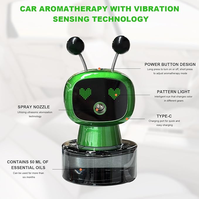 Smart Cute Robot Car Air Freshener, Fine Spray Car Aromatherapy Machine with Four-Gear Adjustment, Auto On/Off Mini Robot Fillable Essential Oil Diffuser for Vehicle Home Office (Flower)
