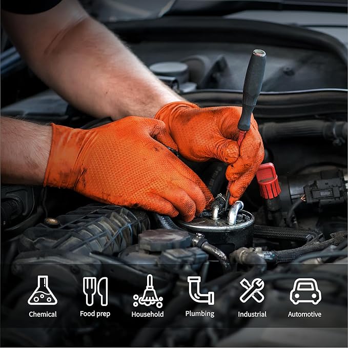 Heavy Duty 10 Mil Nitrile Disposable Gloves with Raised Diamond Texture, Latex-Free, Powder-Free, Extra Strong, Chemical Resistant, Durable for Mechanics, Industrial Work, Auto Repair, Large