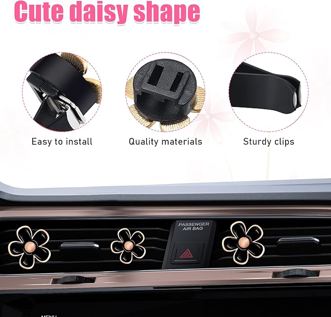 6PCS Car Air Vent Clip, Daisy Flower Auto Scents Air Freshener Clip with 6 Fragrance Piece, Decorative Auto Air Conditioning Clip for Women Girl, Universal Car Accessories (Black)