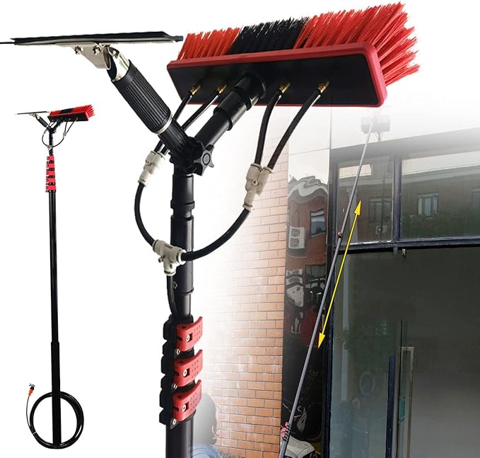 Glass Cleaning Brush Home Water Fed Telescopic Pole Kit Solar Panel Brush Rotating for Photovoltaic Panel，Extendable Telescopic Window Cleaning Pole Kit 4M-12M (18FT-36FT) with Water Fed Bru