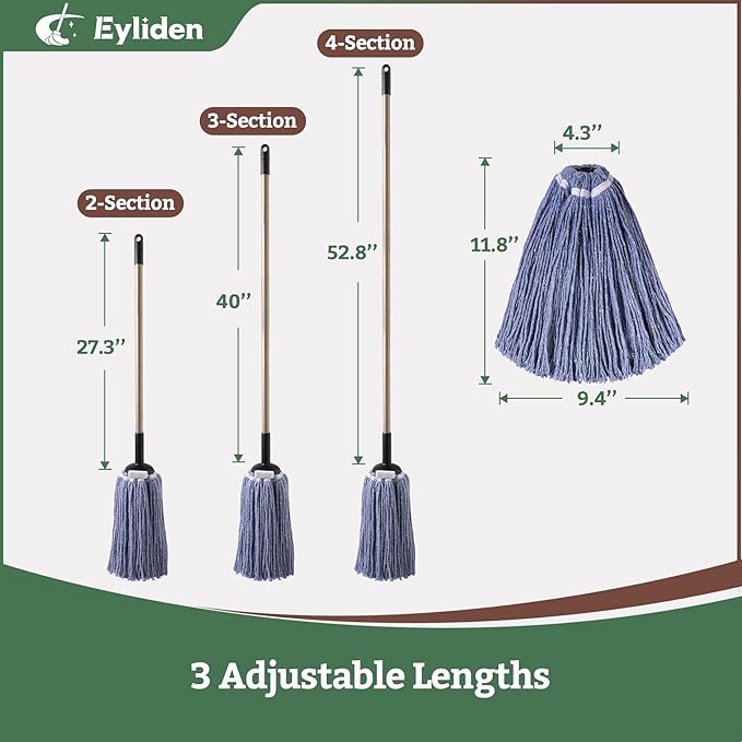 Eyliden String Mop, Cotton Mop with Wet & Dry Non-Touch Replacement, 2 Reusable Heads, 4 Scouring Pads, Adjustable Handle, Home Commercial Floor Cleaning Tools for Tile, Wood, Concrete Surfaces (Blue)
