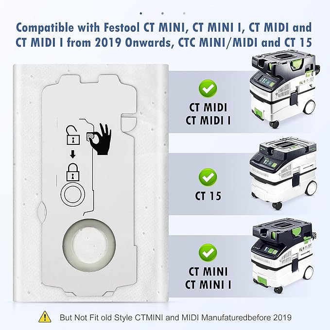 6 Pack 204308 CT Mini/Midi -2/5 Filter Bags Compatible with Festool CT MINI, CT MINI I, CT MIDI and CT MIDI I from 2019 Onwards, CTC MINI/MIDI and CT 15
