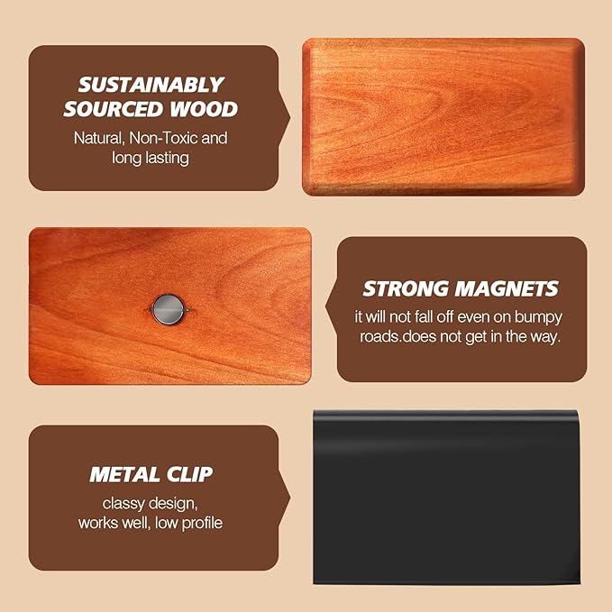Car Air Freshener Starter Kit - Wood Car Freshener for Visor Clip - Long Lasting Scent - Car Odor Eliminator - CLIP INCLUDED (Amber-Teak-Lavender-Frosted Spruce)