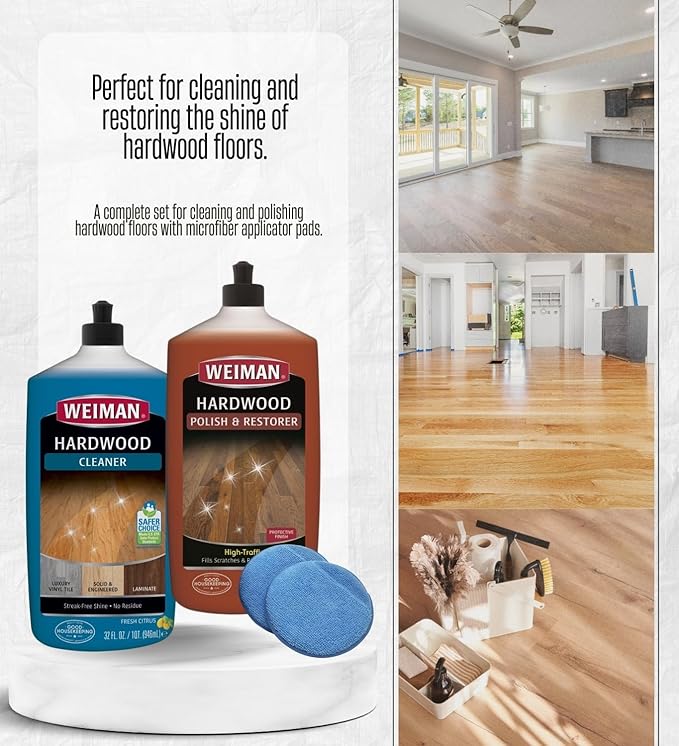 Weiman High Traffic High Gloss Hardwood Floor Polish & Restorer 32 oz, Citrus Scent Cleaner 32 oz Bundle with Microfiber Applicator Pads – Protects, Cleans & Shines – Gift Set (3 Items)